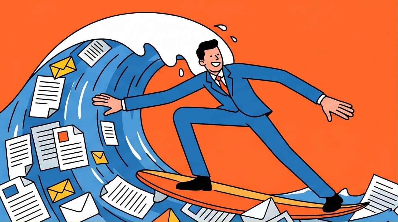 An office worker surfing a wave of emails, a visual metaphor for using funny workplace survival quotes to navigate corporate life with humor and resilience.