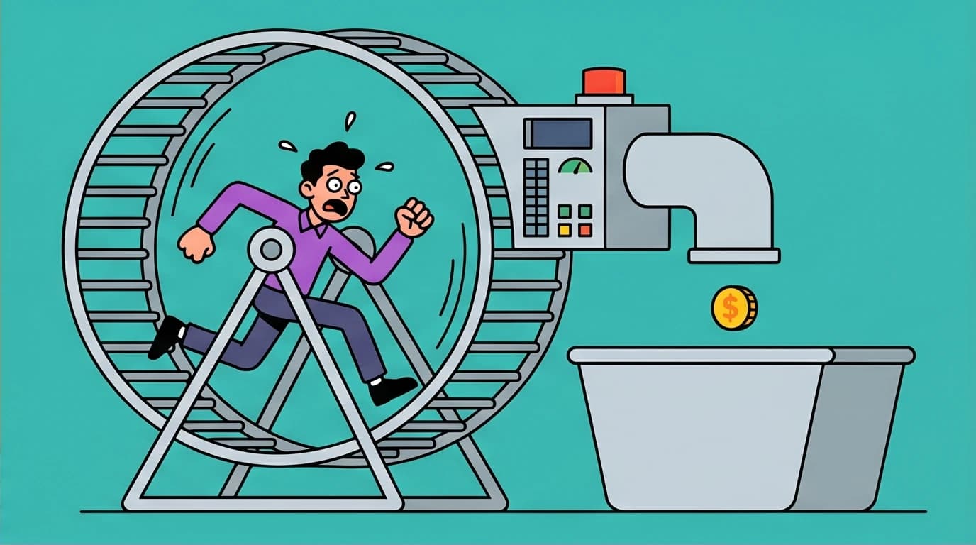 A character on a hamster wheel for a tiny coin, symbolizing funny workplace quotes about the imbalance between endless overtime and low salary.