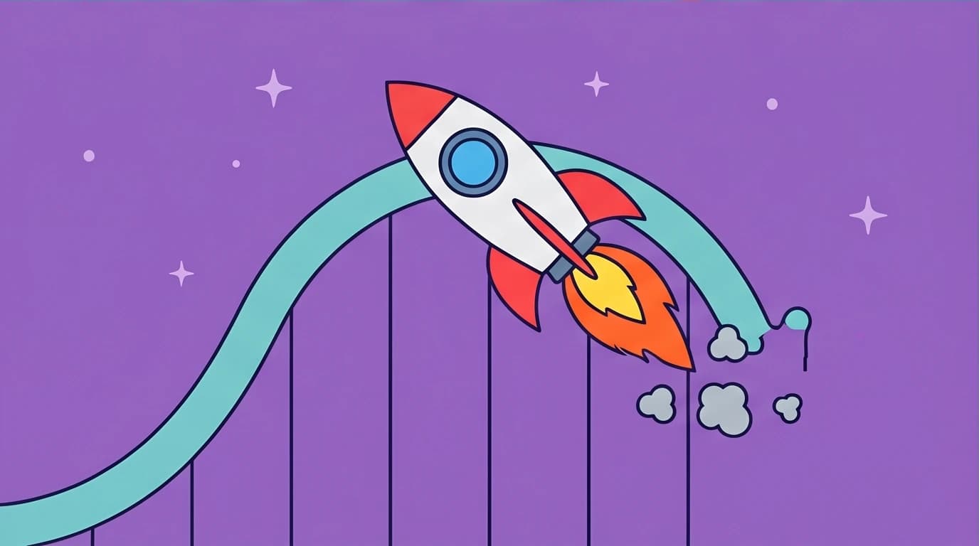 A visual metaphor for the economic slowdown phase of the GDP cycle, where a growth rocket peaks and begins to falter.