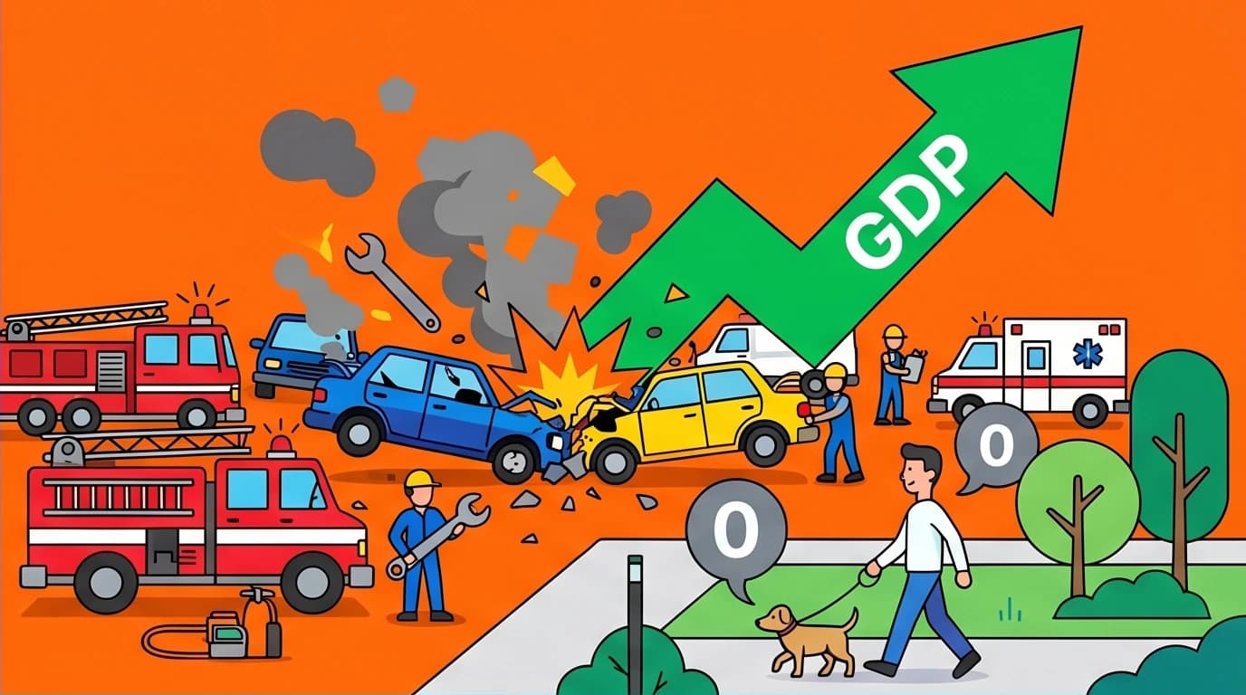 A visual metaphor for the GDP paradox where a car crash boosts economic growth figures, while a peaceful walk contributes nothing, revealing a core myth of GDP measurement.
