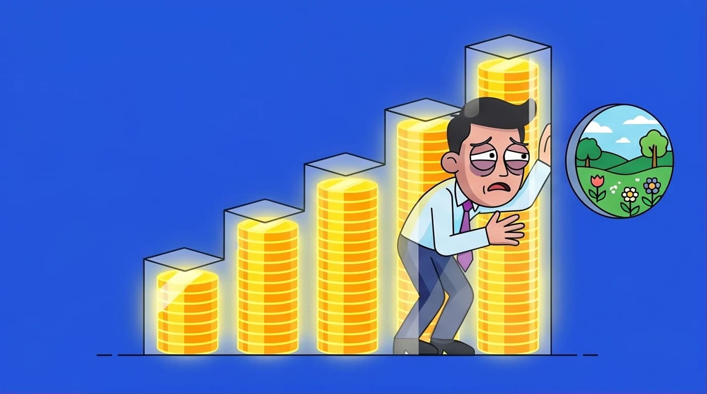 An illustration showing a person trapped in a rising GDP chart, questioning the link between economic growth and happiness, highlighting the blind spots of GDP as an indicator.