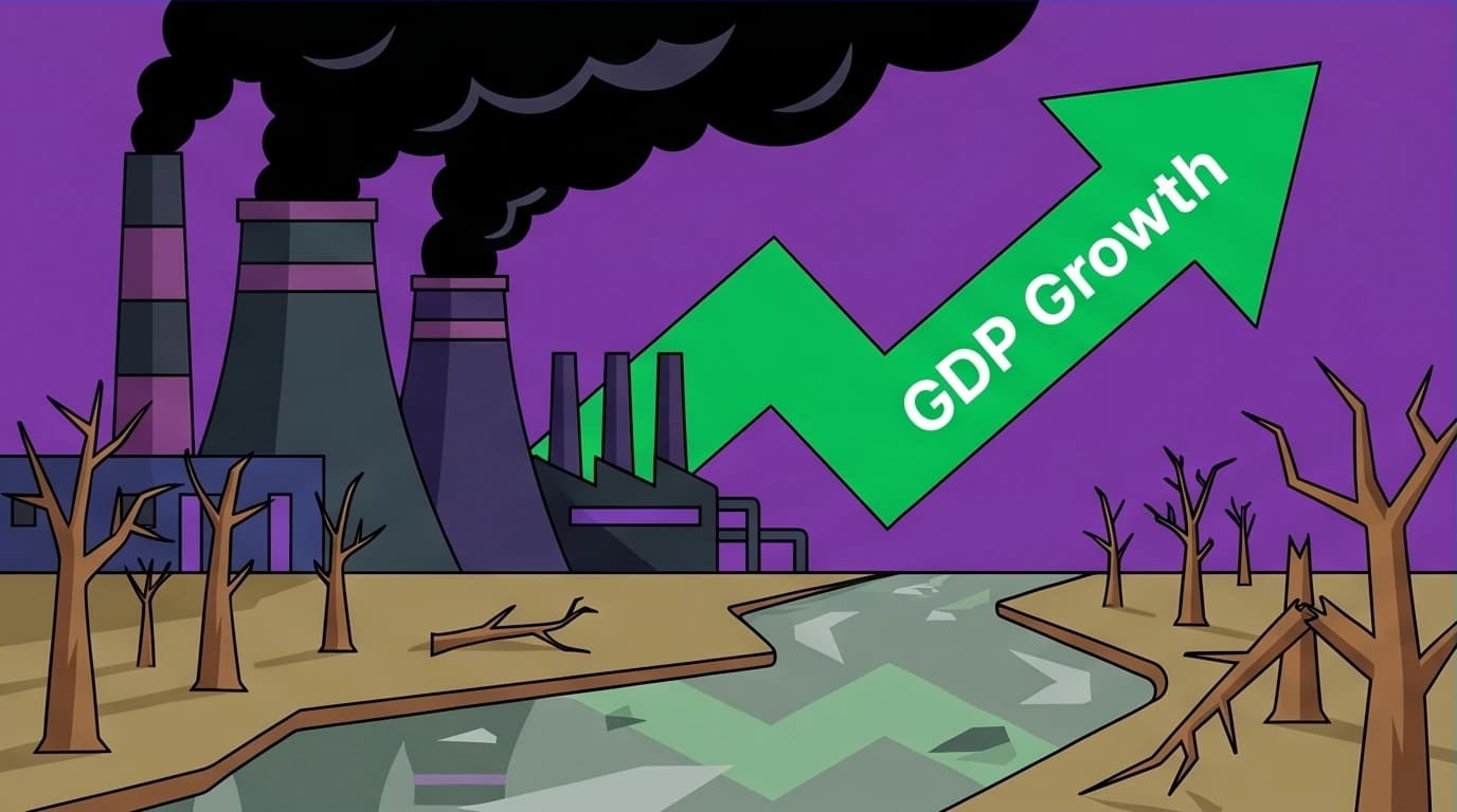 An image of a polluting factory where the smoke forms a GDP growth arrow, symbolizing the hidden environmental costs and damages ignored in traditional economic growth metrics.