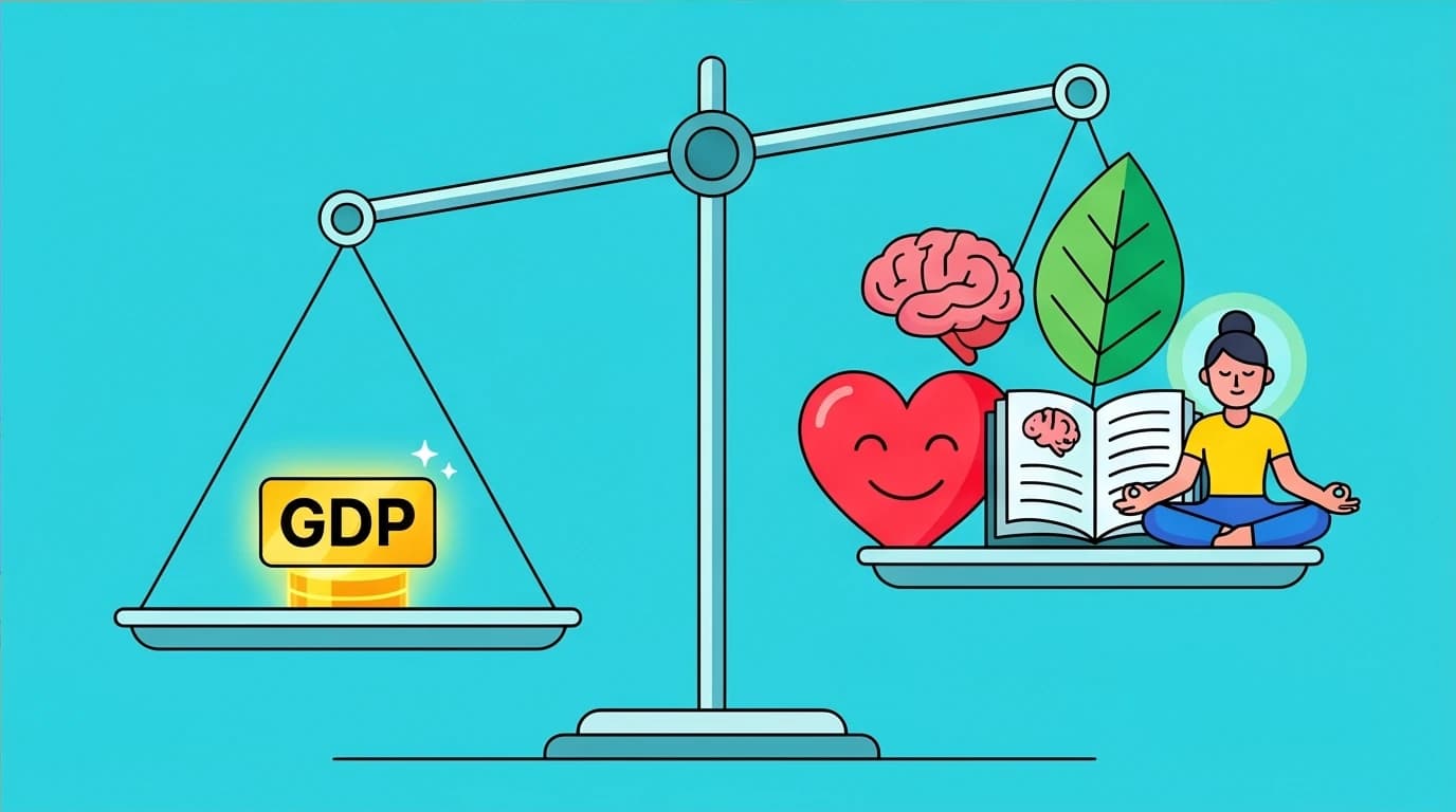 A scale weighing GDP against well-being symbols, favoring happiness. This represents the shift towards new metrics like Green GDP and the Happiness Index for true social progress.