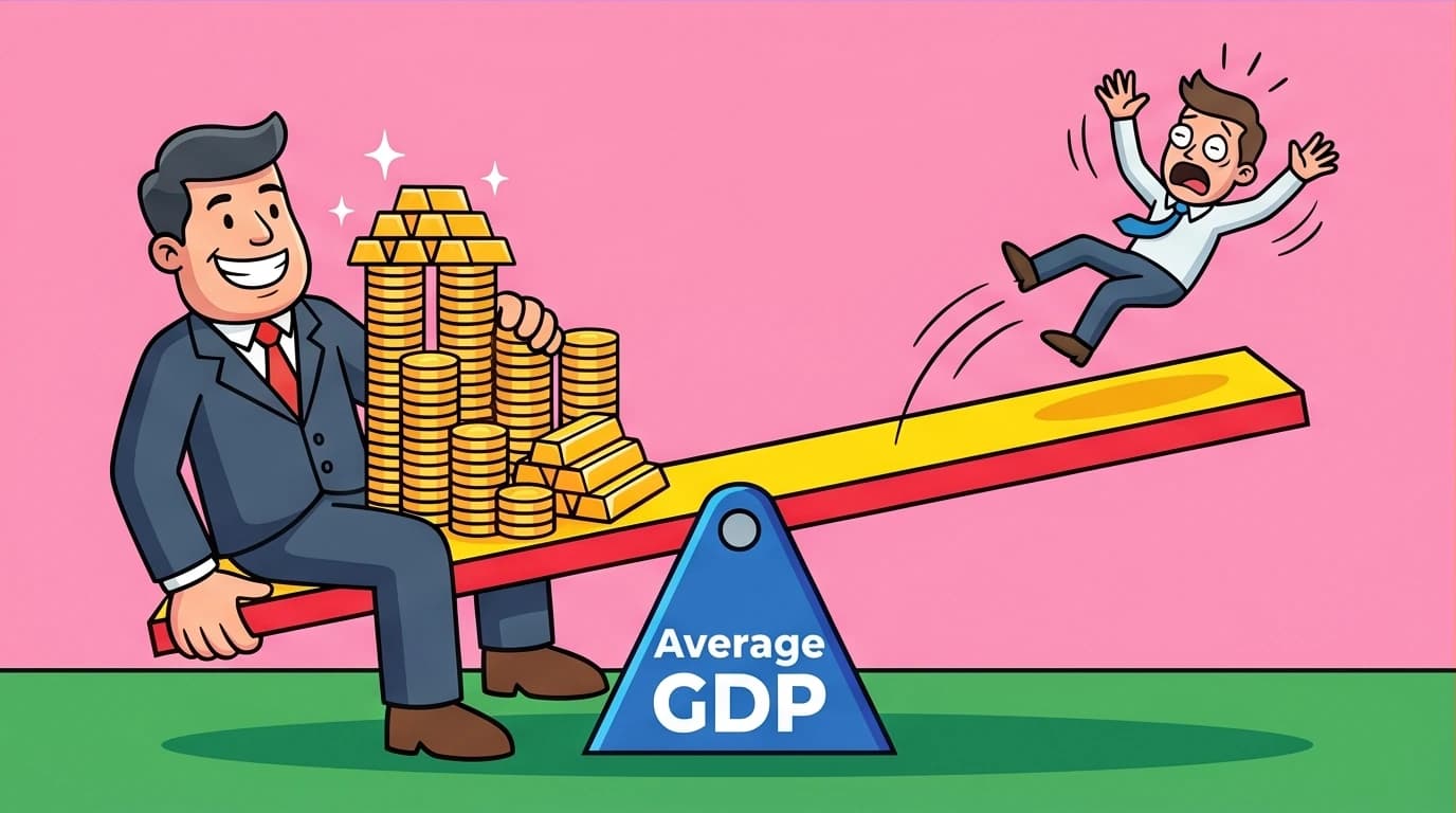 A visual metaphor for the average per capita GDP trap, where a huge wealthy person on a seesaw skews the average income data for a tiny worker.