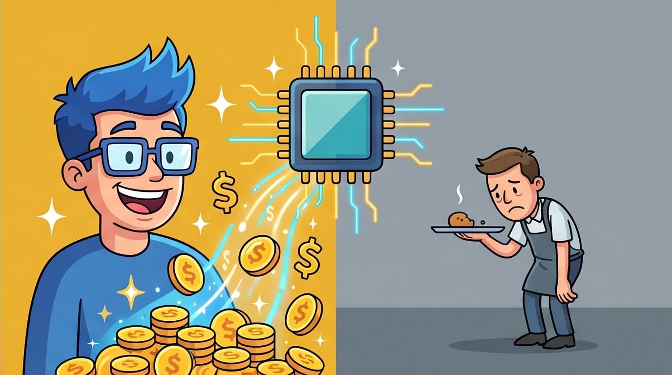 Illustration of Taiwan's dual economy, showing a wealthy tech worker versus a poor service worker, highlighting the GDP and wage gap between industries.