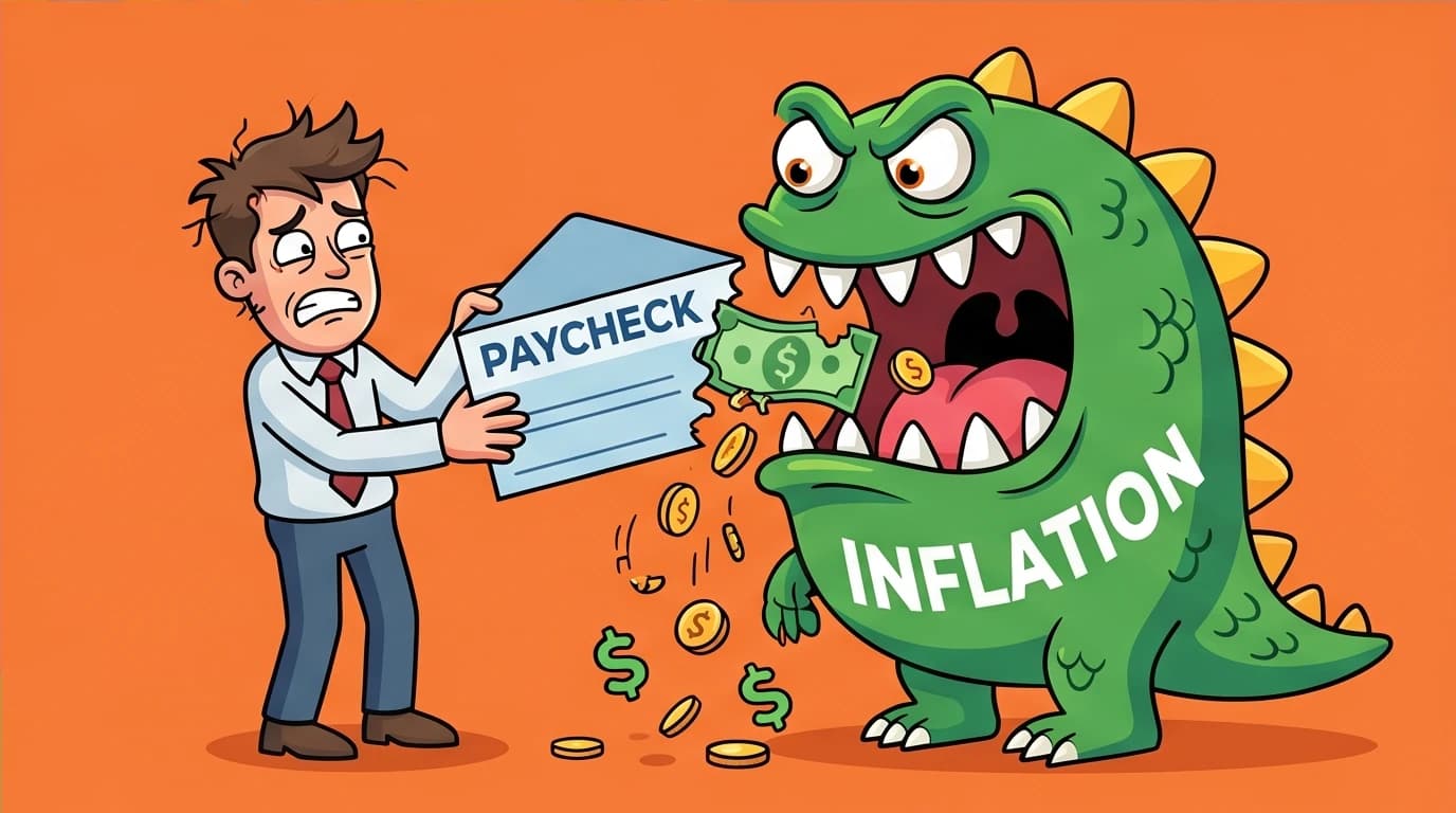 An illustration of an inflation monster eating a paycheck, representing how rising inflation negatively impacts real wages and purchasing power despite GDP growth.