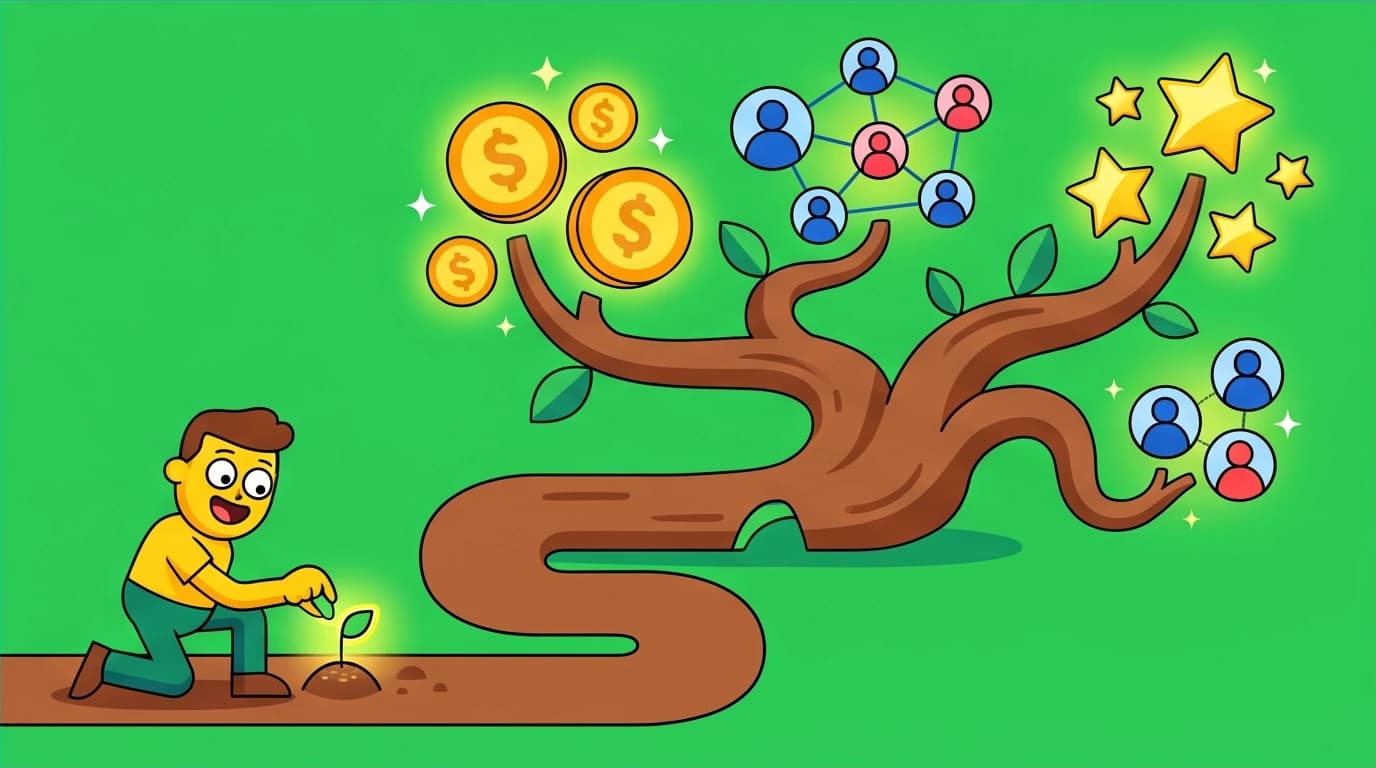 The power of compound interest in wealth, relationships, and reputation, shown as a growing tree over a long-term path, a core principle from Naval Ravikant.