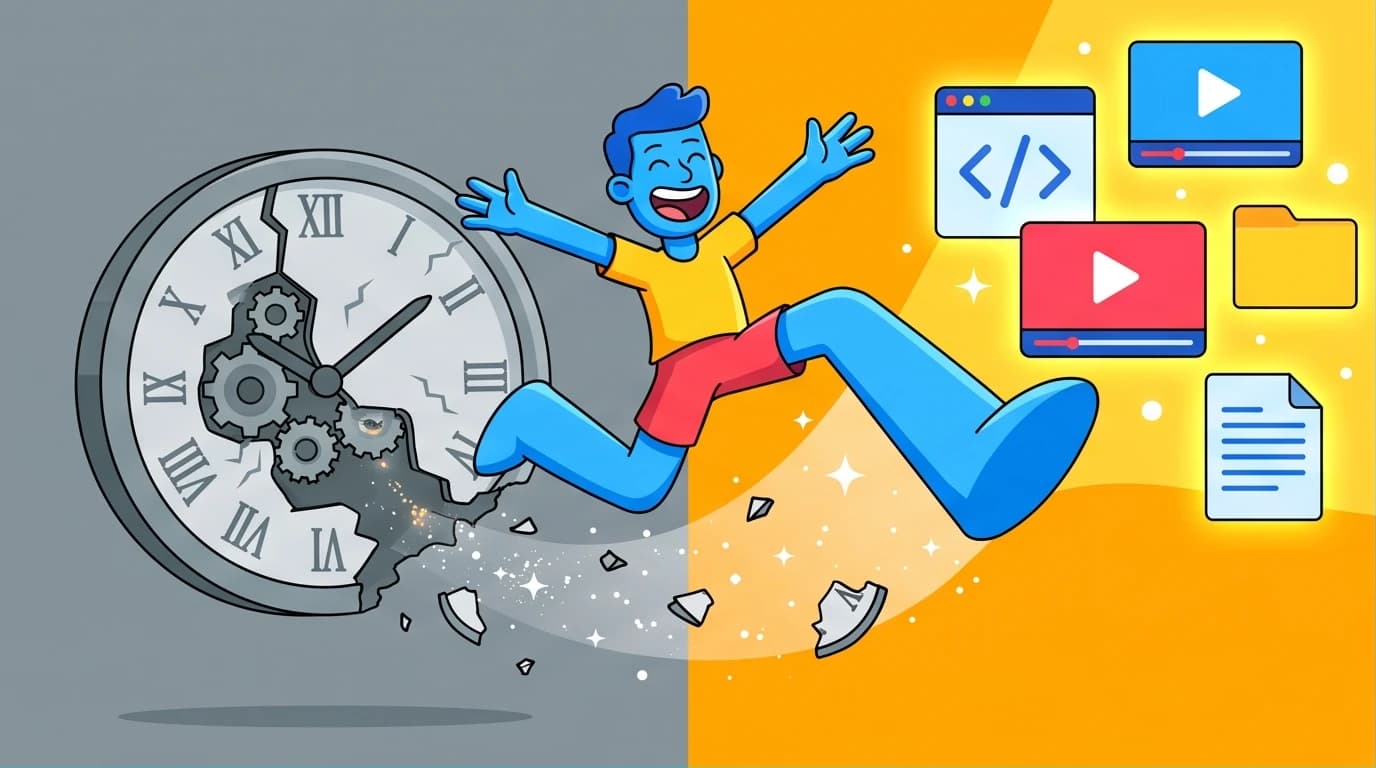 Illustration of escaping the time-for-money trap, based on Naval Ravikant's philosophy on how to get rich without getting lucky through leverage and specific knowledge.