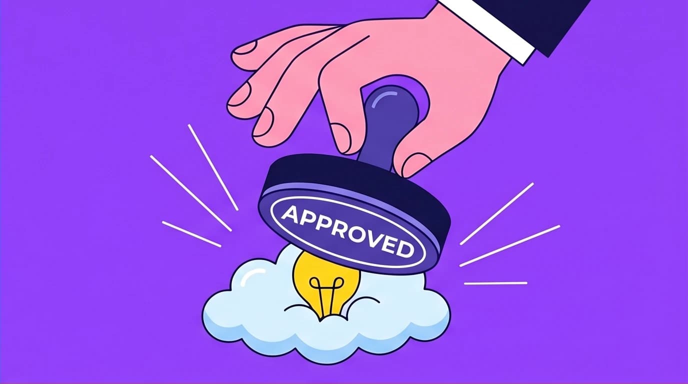 A large hand stamping 'APPROVED' on an idea cloud, a visual metaphor to help define credence as the act of believing something is true.