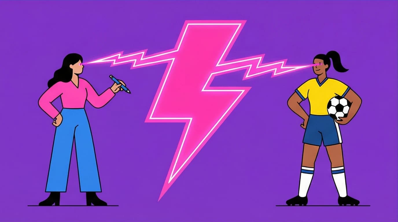 An illustration of the moment Glennon Doyle and Abby Wambach met, showing an instant, powerful connection that led to their relationship and divorce timeline.