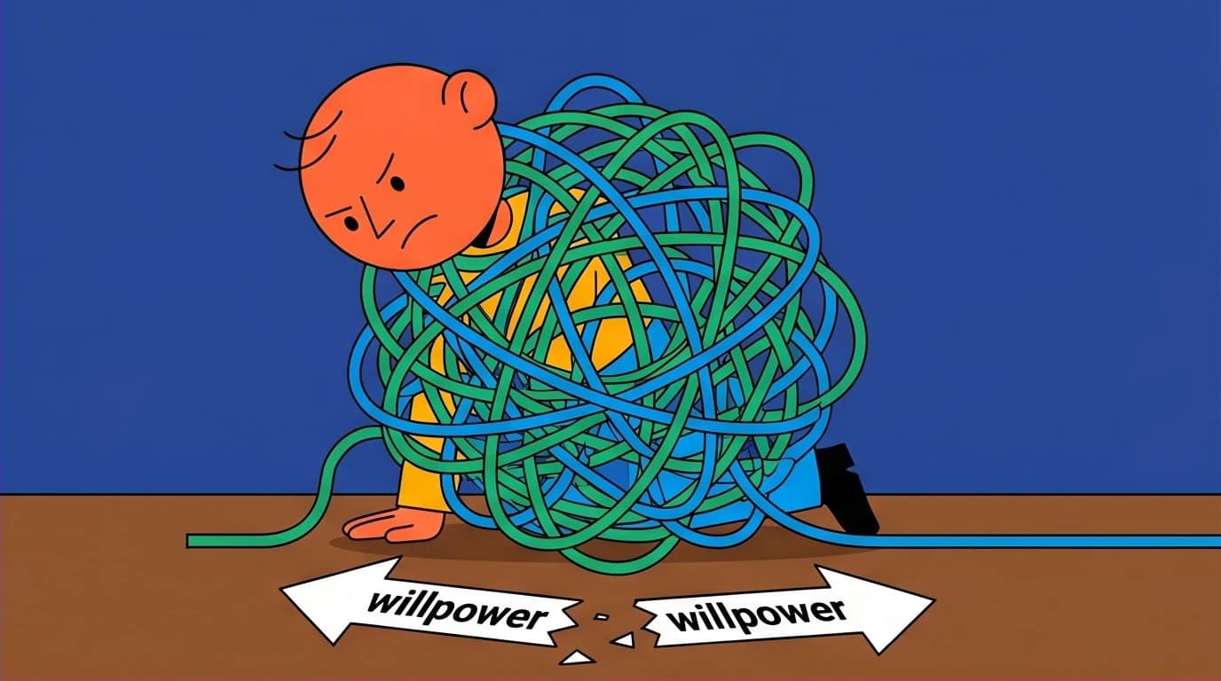 A character tangled in ropes representing the common mistakes of goal setting, such as vague goals and relying on willpower, leading to failure and procrastination.