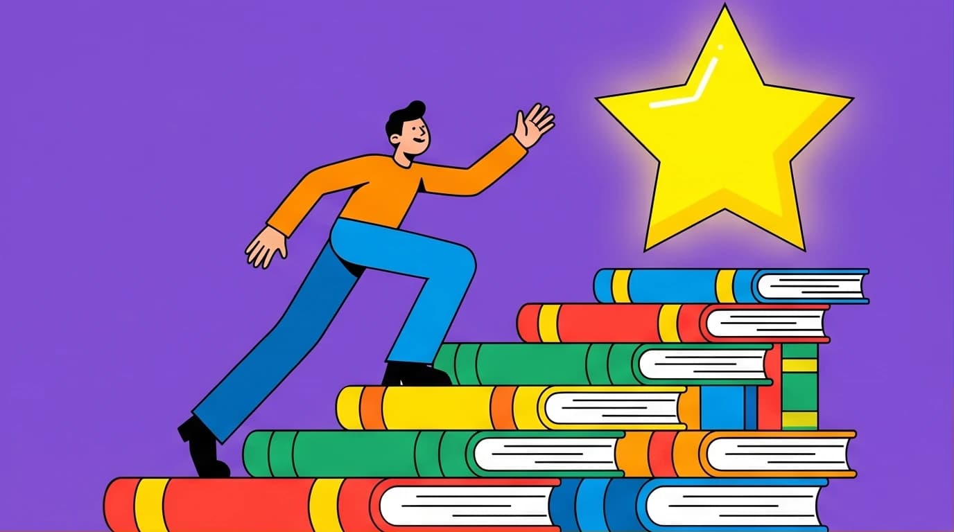 An illustration of a person climbing a staircase of books towards a star, symbolizing achieving goals with knowledge from book recommendations for goal setting and overcoming procrastination.