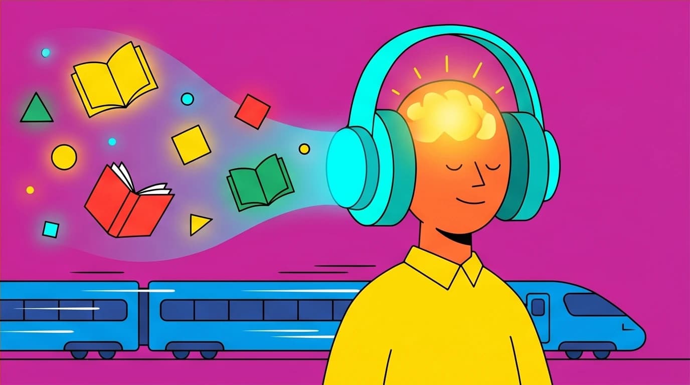 A commuter absorbing knowledge from audiobooks and podcasts, a modern technique to learn from goal setting book recommendations without reading.
