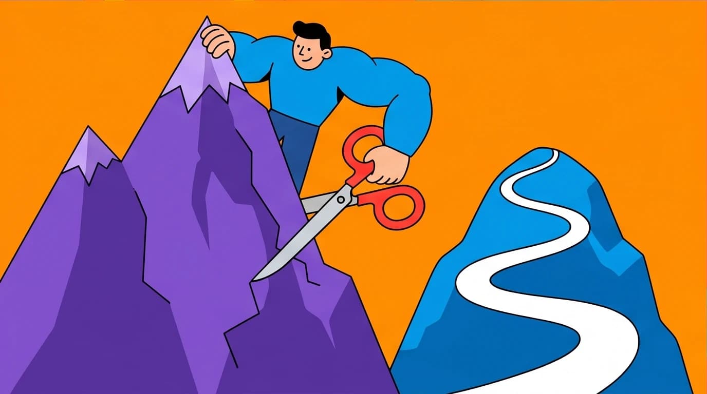 An illustration showing a person cutting a huge goal in half with scissors, a concept to overcome perfectionism and improve execution on your goals.