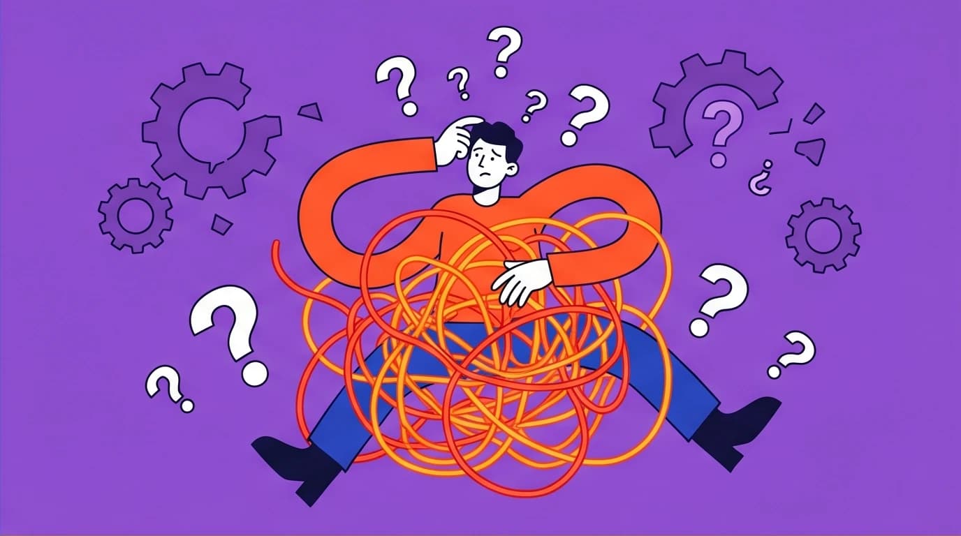 An illustration of common goal setting failures, showing a frustrated person tangled in confusing, vague, and unrealistic plans.