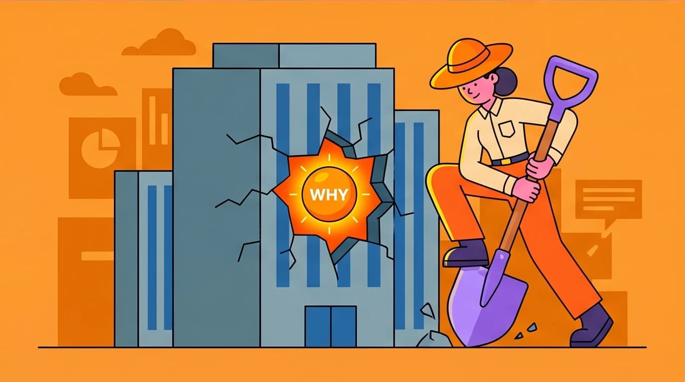 An illustration of the discovery process for 'finding your why,' showing a person excavating a company's glowing core purpose.