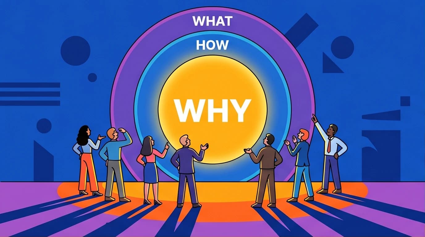 Illustration of Simon Sinek's Golden Circle with a glowing 'Why' at the core, explaining how successful brands communicate their purpose.