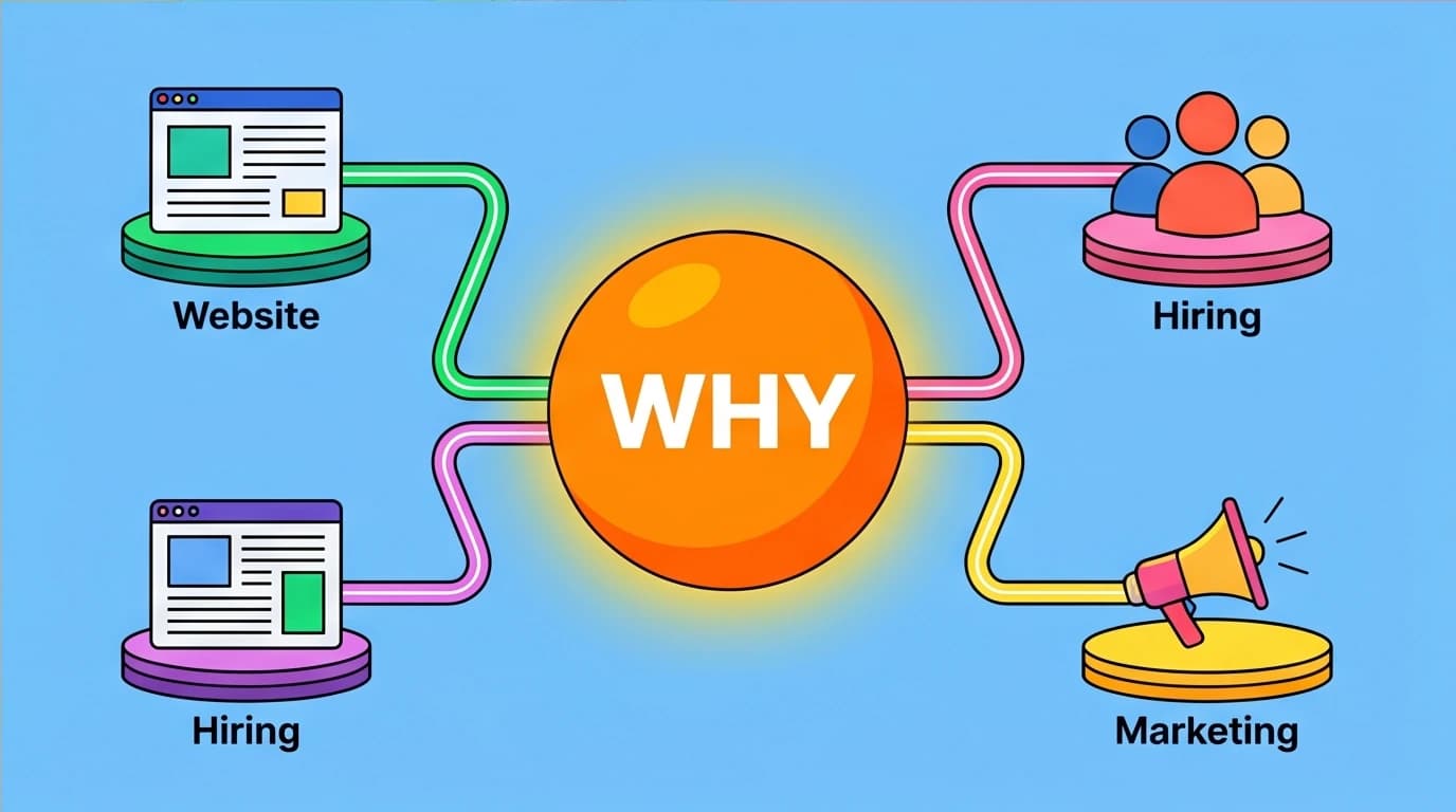 A diagram showing how a company's 'Why' should influence all operations, from marketing to hiring, based on Golden Circle principles.