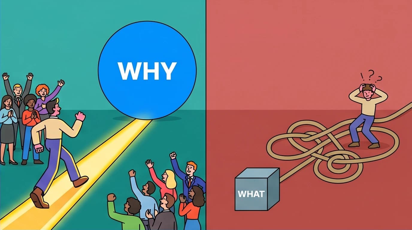 A visual contrast between starting with 'Why' (a clear path) and starting with 'What' (a tangled mess), based on Golden Circle examples.
