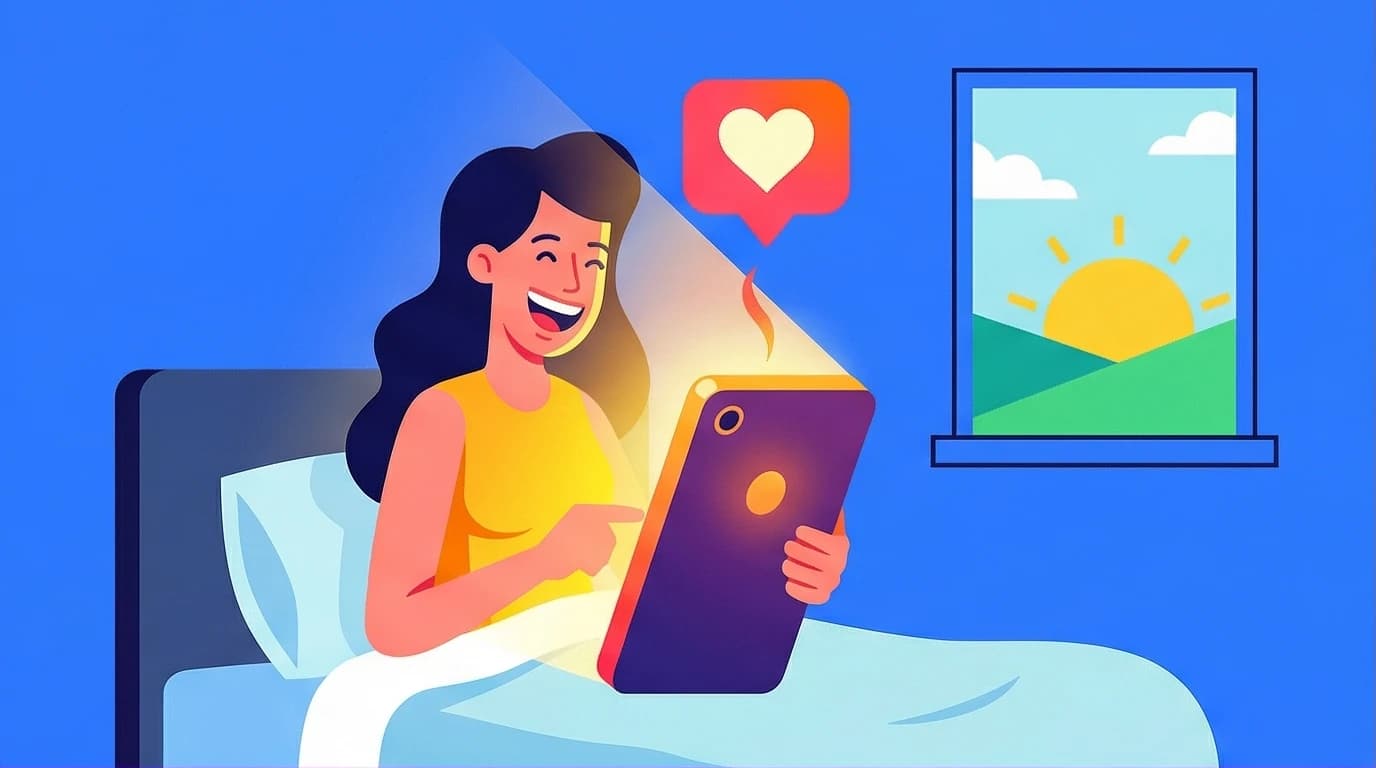 An illustration of a woman smiling as she reads a good morning quote for her on a glowing smartphone, setting a positive tone for the day.