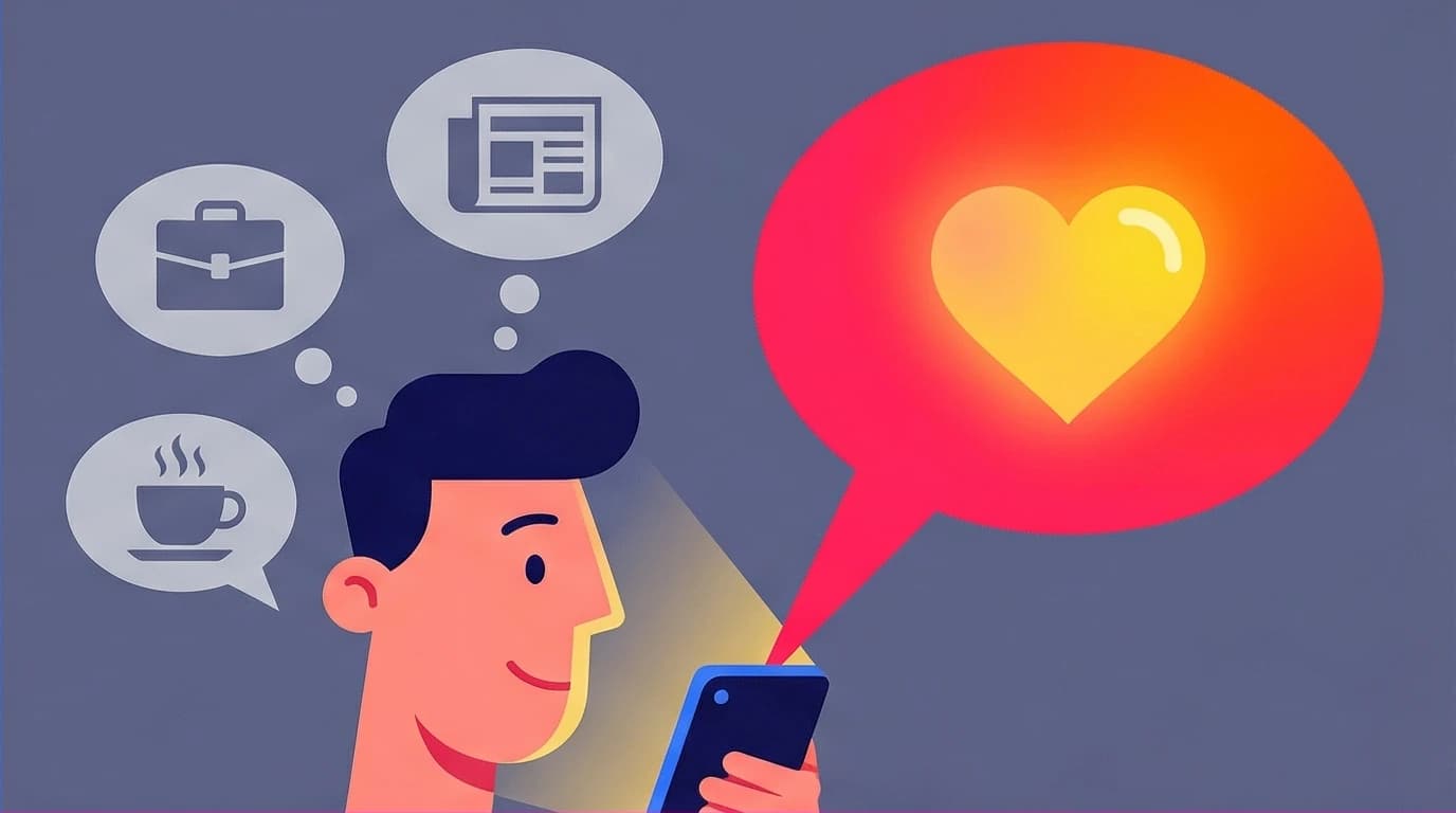 A man's first thought is a romantic message for her, shown as a giant heart icon overshadowing all other morning tasks.