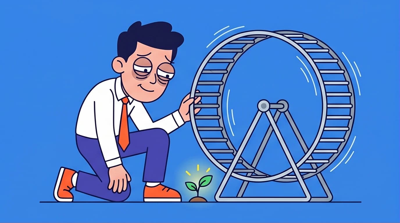 A person in Corporate Memphis style finds calm, symbolizing the book 'Make Life Better Slowly' and its theme of overcoming anxiety to regain life control.