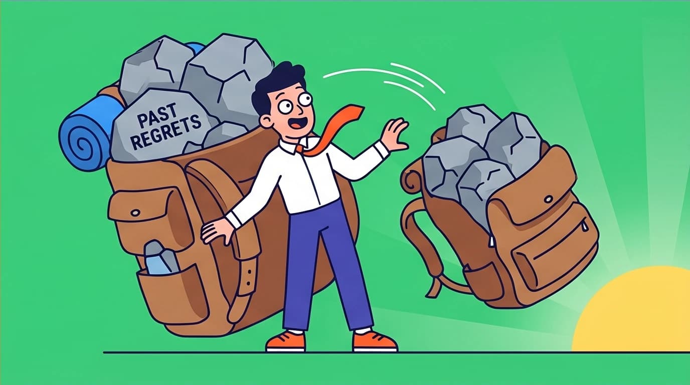 Visual metaphor of letting go of past regrets, shown as a person dropping a heavy backpack, a healing step discussed in 'Make Life Better Slowly'.