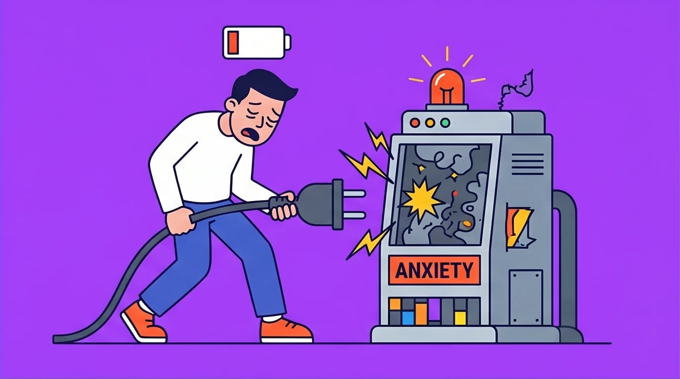 Illustration of a character unplugging a machine of anxiety, representing the concept of stopping internal exhaustion and burnout to improve well-being.