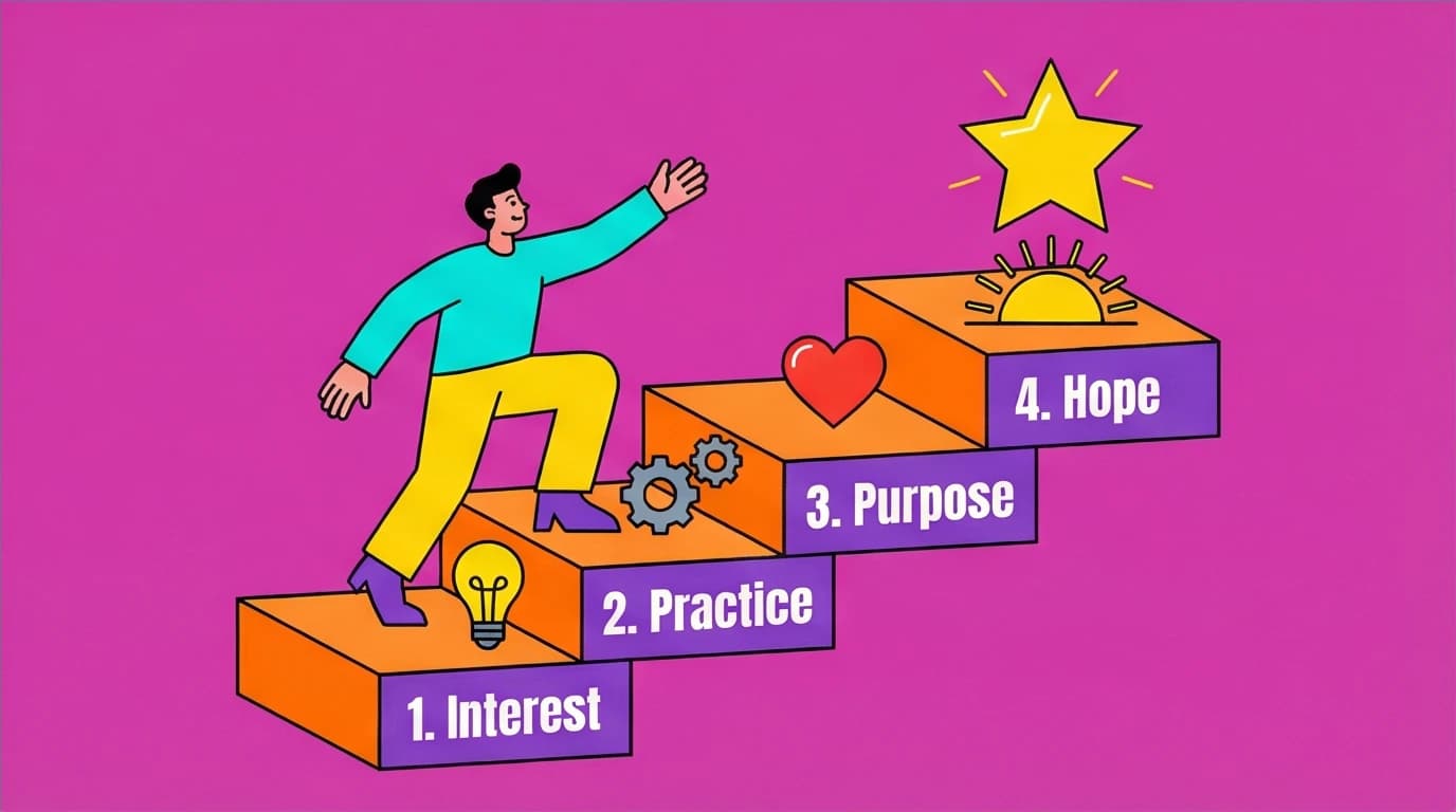 Illustration of the four psychological assets for growing grit: climbing steps of Interest, Practice, Purpose, and Hope.