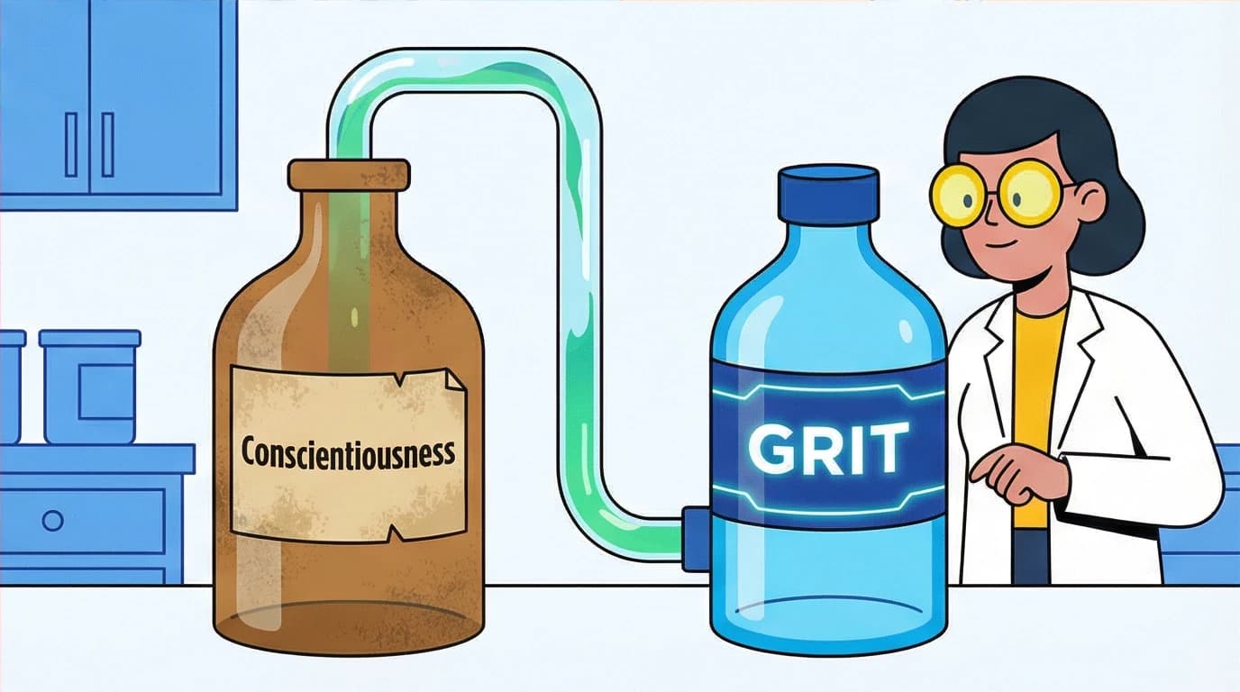 Conceptual art showing grit debunked as a rebranding of conscientiousness, illustrated as old wine in a new bottle in a science lab.
