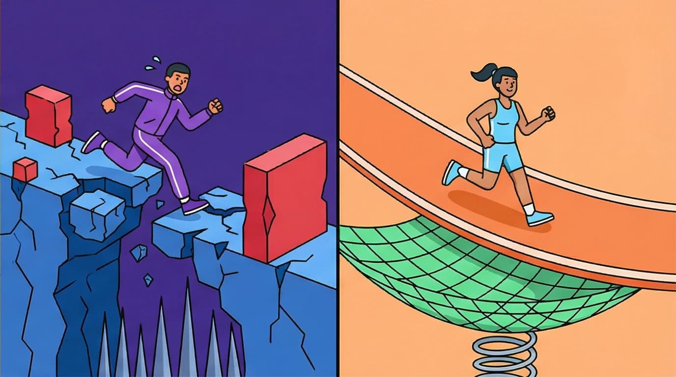 A visual metaphor for grit vs privilege, depicting two people on an unlevel playing field, highlighting how wealth creates a safety net.