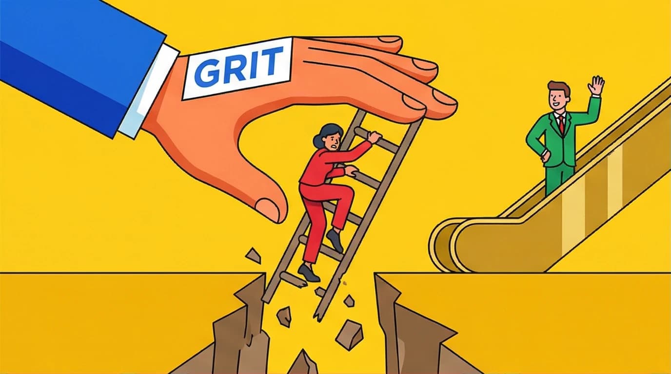An illustration of grit criticism, showing how the concept of perseverance can mask systemic inequality and structural barriers to success.