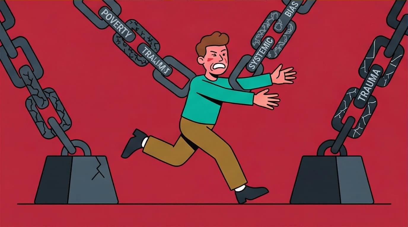 Illustration of systemic barriers to grit, where a person is held back by chains of poverty and racism, unable to move forward despite effort.