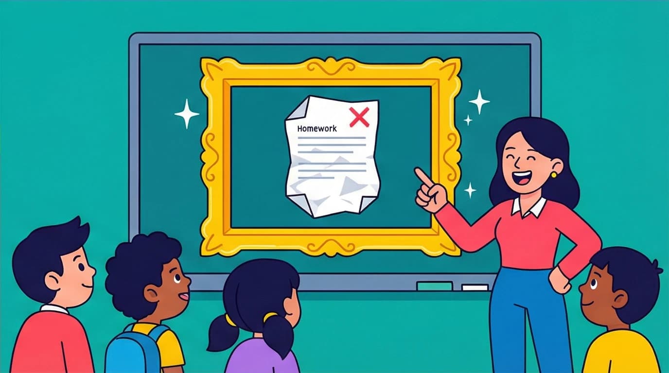 A classroom celebrating a mistake in a golden frame, a technique for fostering a growth mindset by turning errors into learning opportunities.