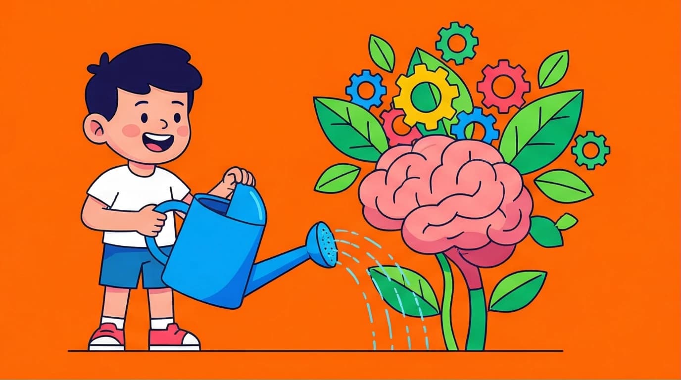 An illustration of a child watering a growing brain, representing how to build a growth mindset for kids through effort and nurturing.