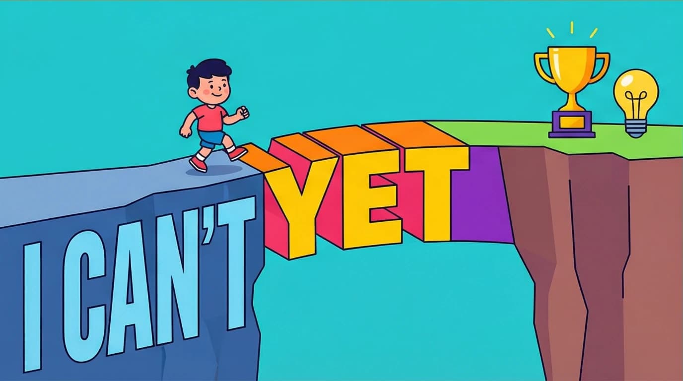 The word 'YET' forms a bridge over a gap, a powerful strategy for teaching kids a growth mindset to overcome learning obstacles.