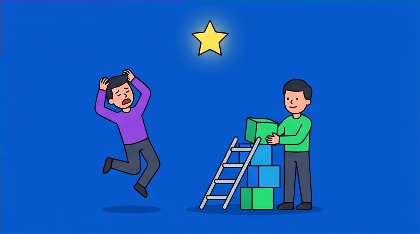 An illustration showing one person jumping uselessly while another builds a ladder, explaining the need for effective strategy, not just effort, in a growth mindset.