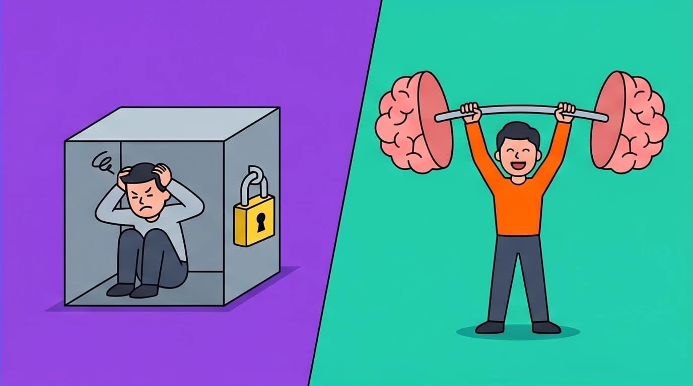 A split-screen graphic contrasting a fixed mindset (a person in a box) with a growth mindset (a person strengthening a brain-shaped muscle).
