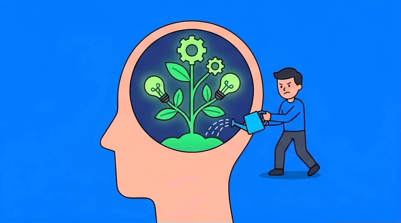 An illustration showing a person watering a growing plant inside a large head, symbolizing how to build a growth mindset for kids by nurturing potential.