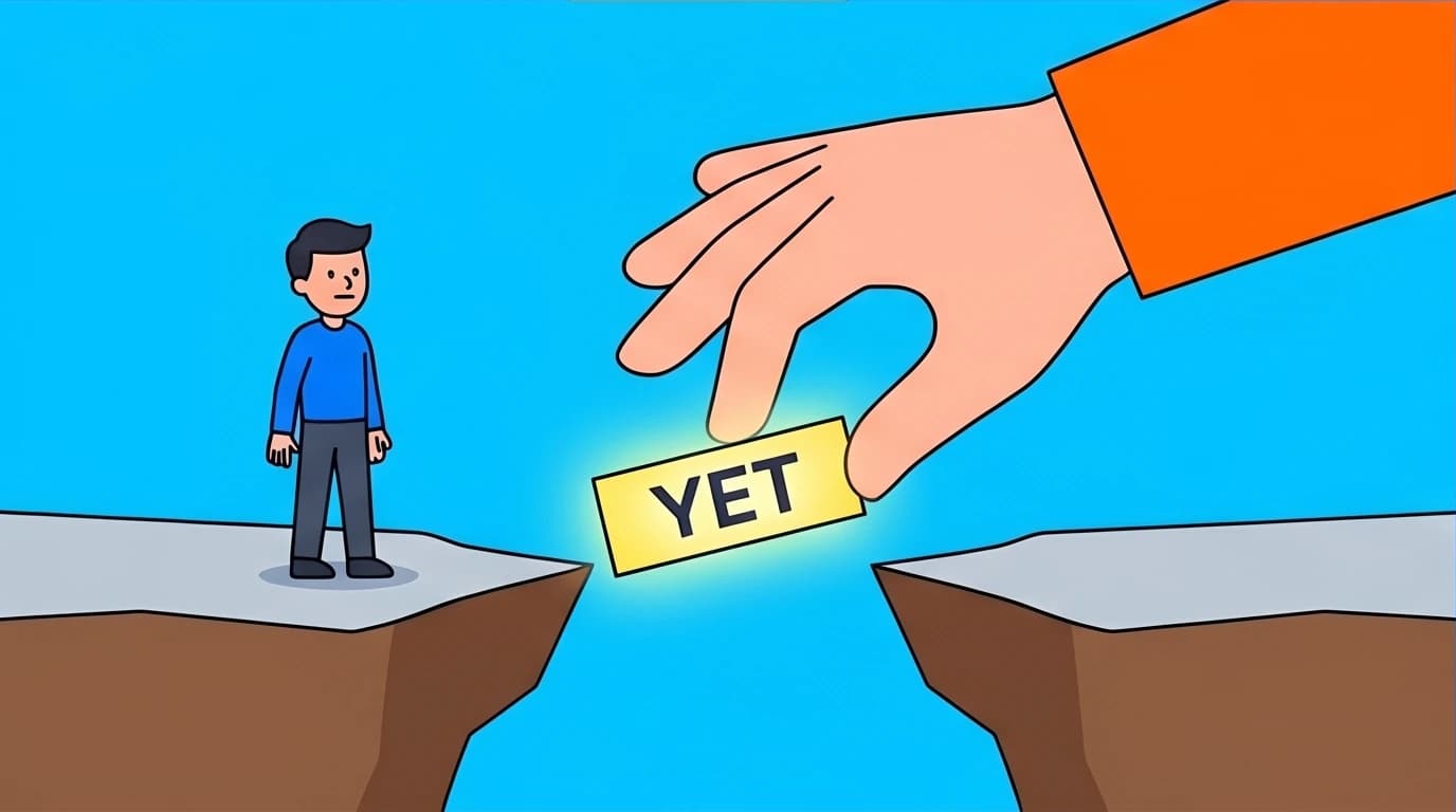 An illustration of a giant hand placing a bridge labeled 'YET' to help a person overcome an obstacle, a key technique to teach a growth mindset.