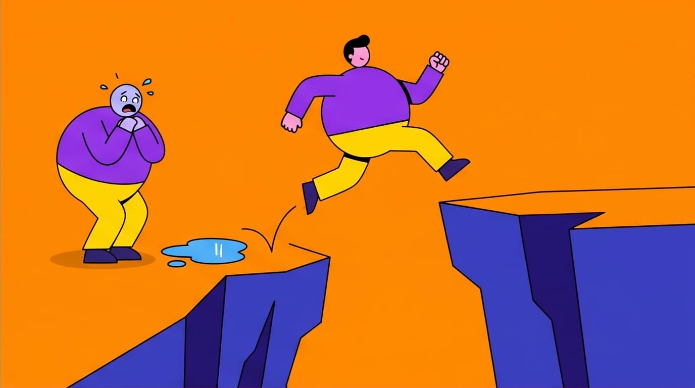 A character with a growth mindset embraces a challenge by leaping a canyon, while one with a fixed mindset fears a small puddle.
