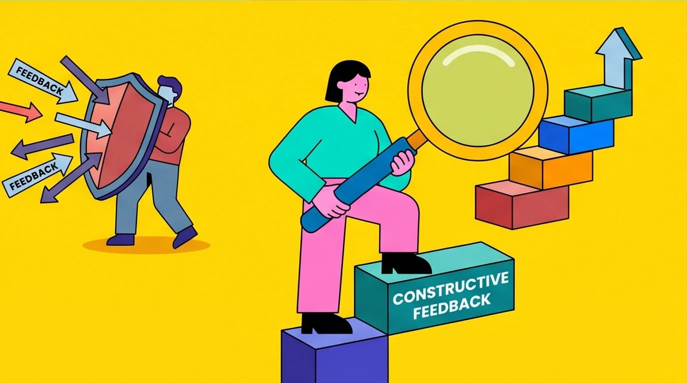 An illustration showing a growth mindset character learning from criticism, while a fixed mindset character defensively blocks feedback.