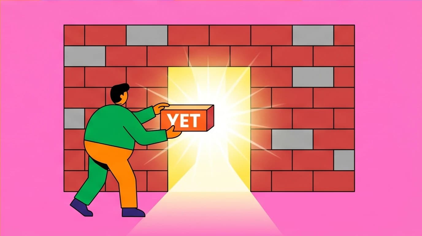 A character uses the word 'yet' as a key to break through a wall, illustrating a strategy for shifting to a growth mindset.