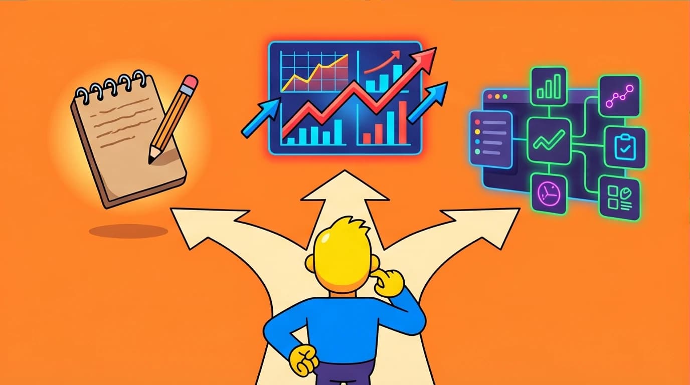 A visual comparison of three habit tracker tools: a paper journal, a data spreadsheet like Google Sheets, and a digital app like Notion.