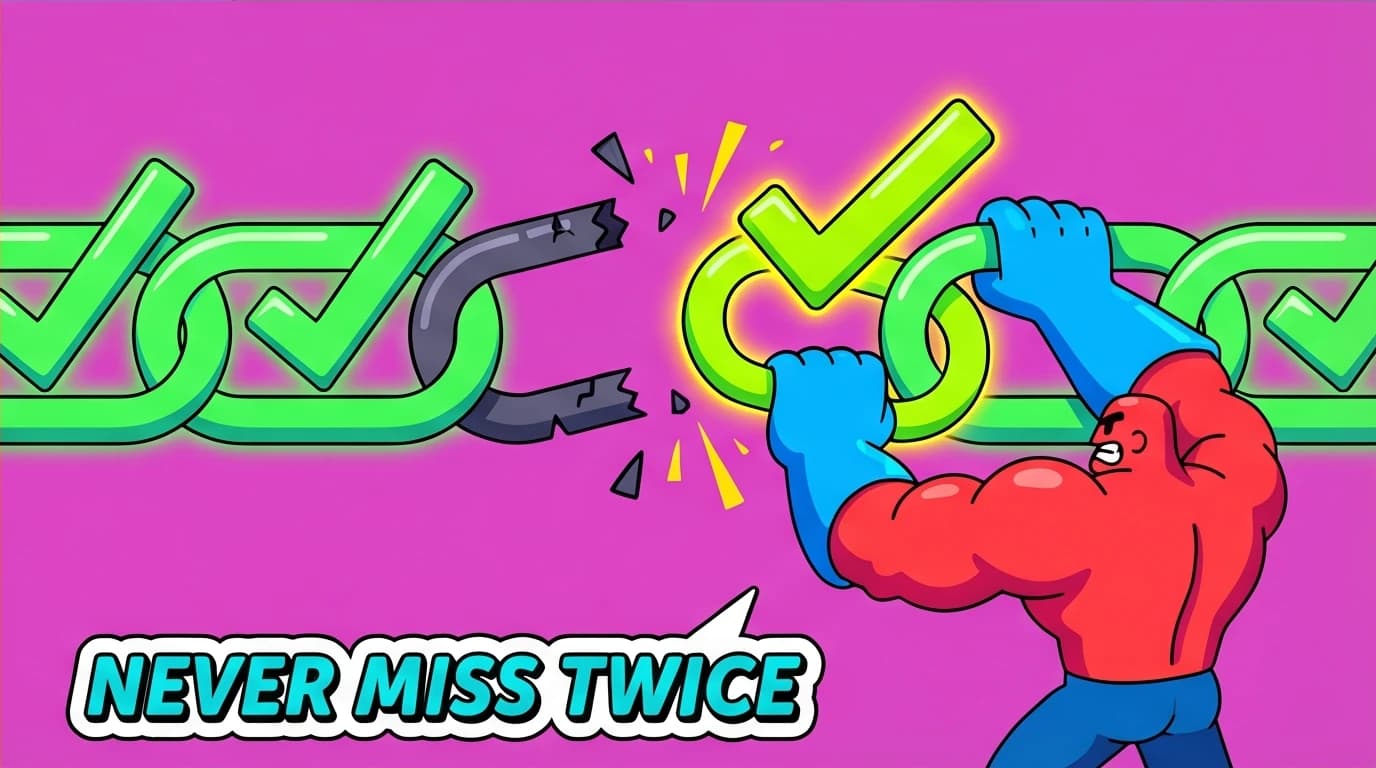 A person repairing a broken chain of checkmarks, illustrating the Atomic Habits principle of 'never miss twice' for habit consistency.