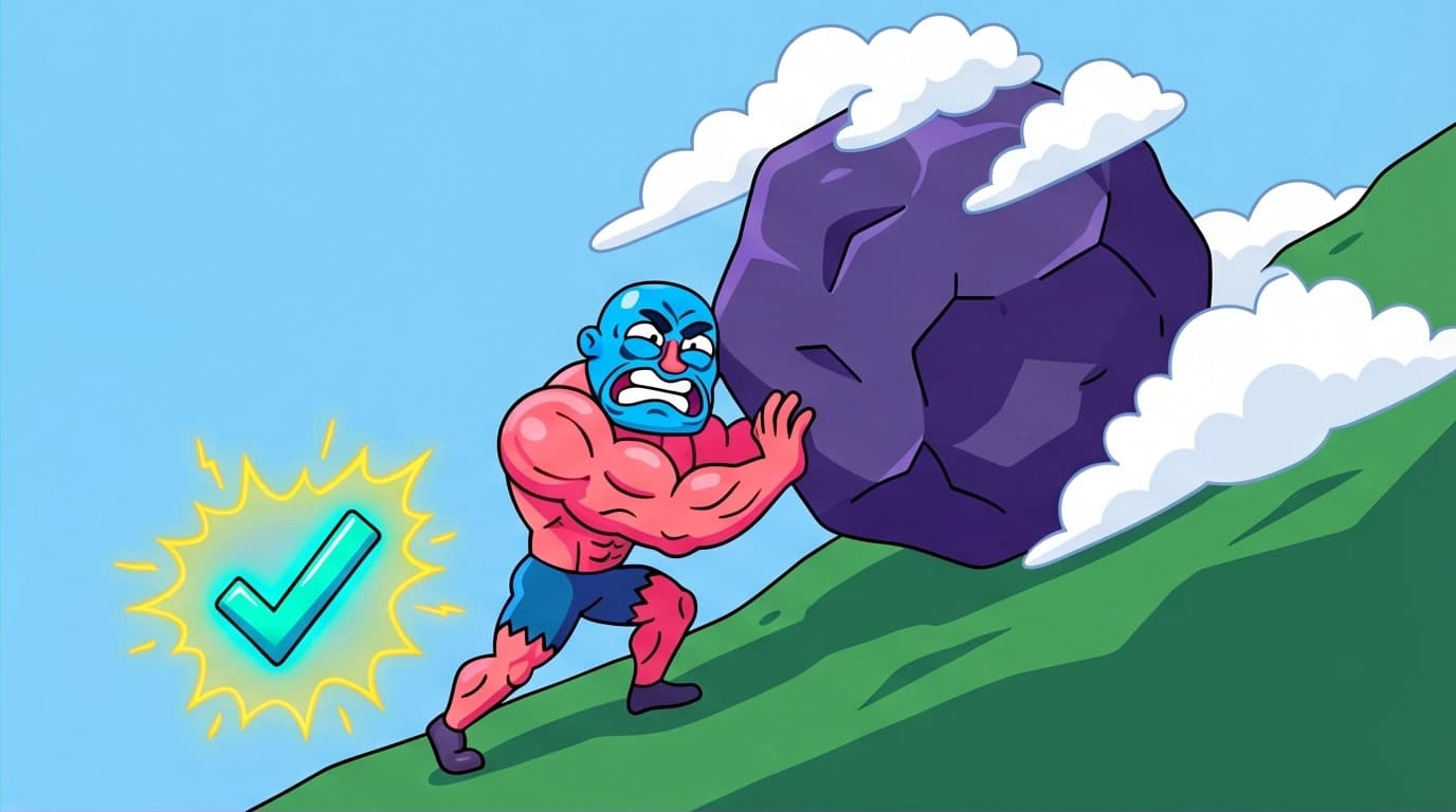 A character pushing a boulder uphill, getting an instant reward from a habit tracker to overcome the valley of disappointment.