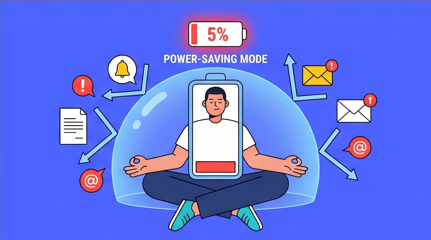 A character in low-power mode, representing the concept of burnout recovery by conserving energy and practicing minimum viable effort.