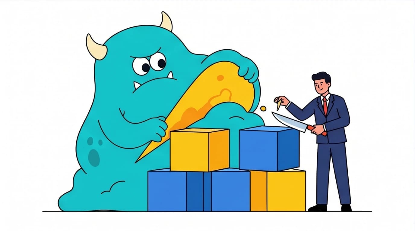 A person breaking down a giant, monstrous task into small, manageable pieces to regain control and reduce stress in a high-pressure job.