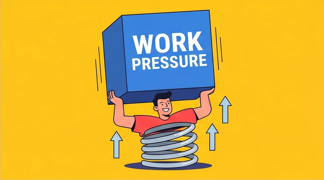 A visual metaphor of workplace resilience, where a person like a spring is compressed by pressure but is ready to bounce back, not break.