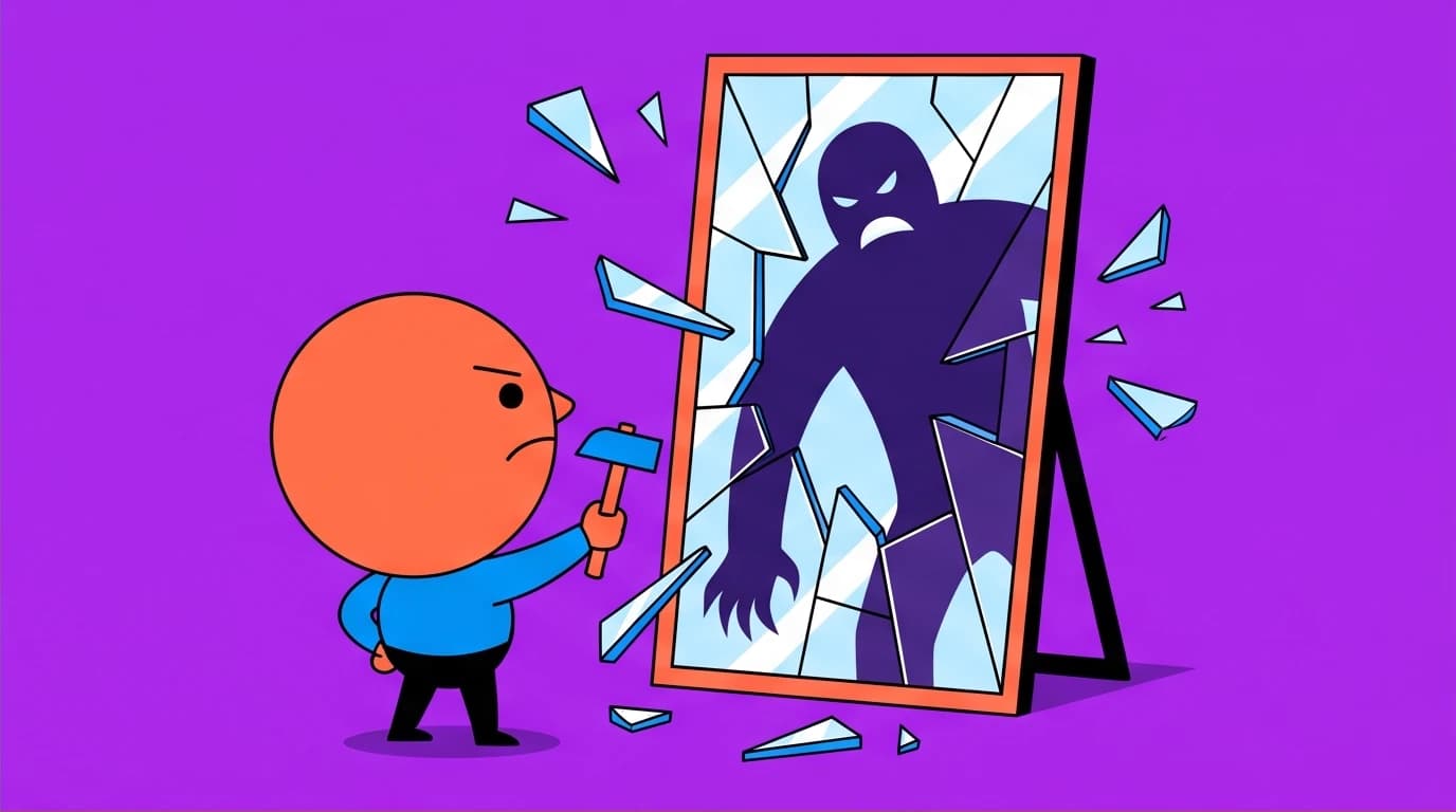 A character shattering a distorted mirror to represent breaking denial, a key step to start healing from childhood emotional abuse.